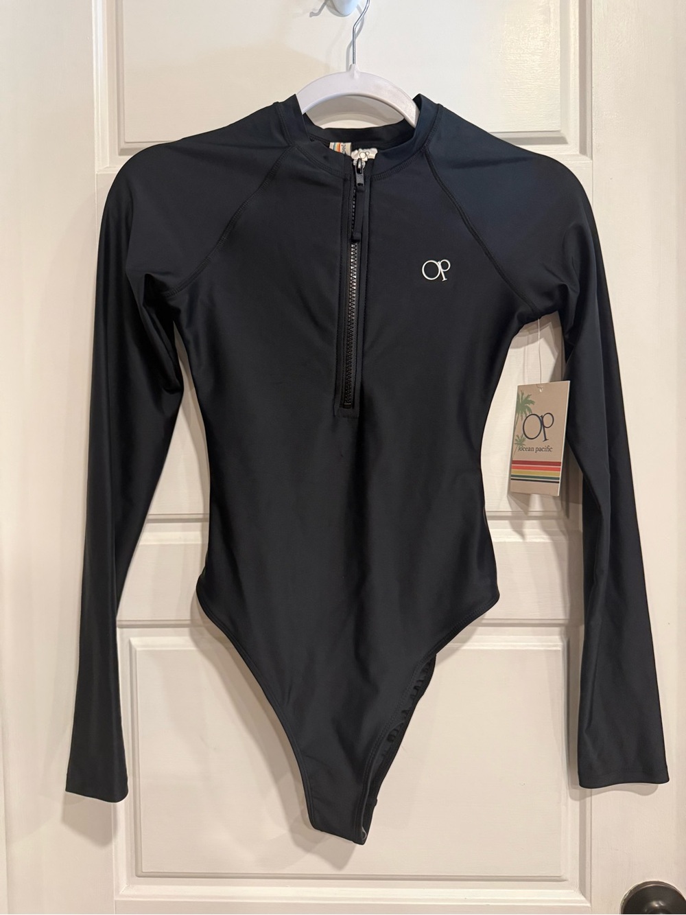 NWT OP Ocean Pacific Black Long Sleeve Zip Front One Piece Swimsuit Size S